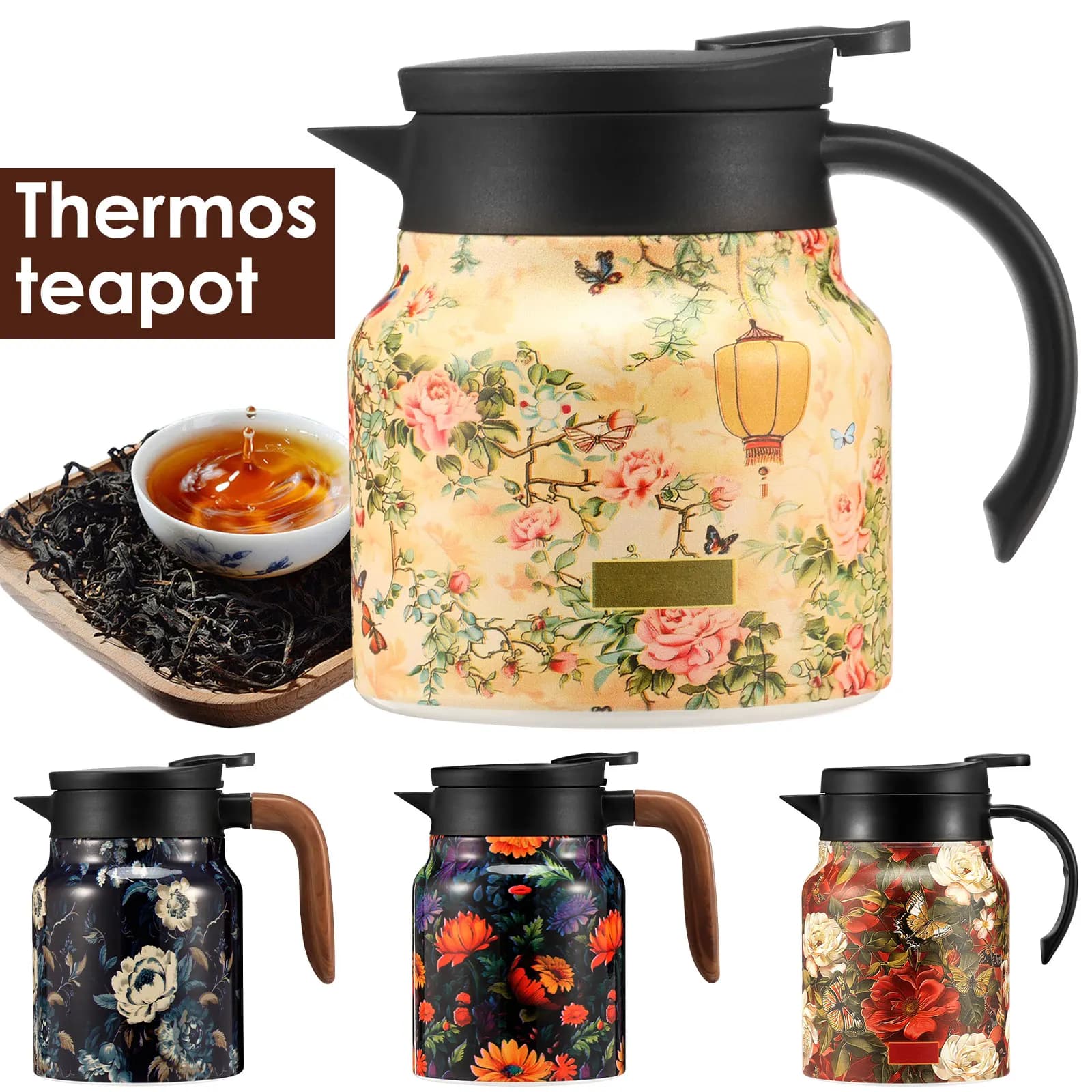 800/1000 ML Thermos per tè floreale vintage Bollitore per tè in acciaio inossidabile Caffettiera termica Teiera antigoccia con infusore per tè per la casa