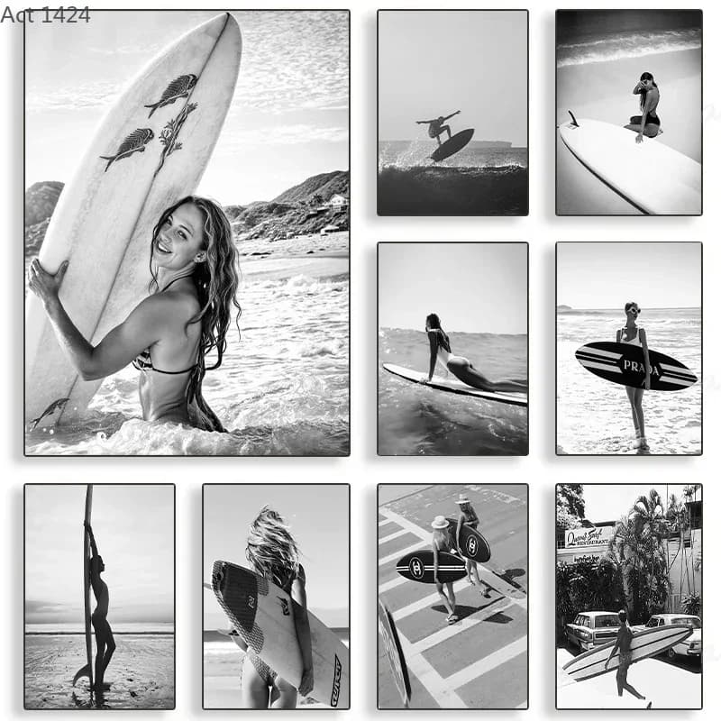 1pc frameless canvas painting Vintage Sexy Woman Surf in Hawaii Black White Posters Surfboard Canvas Printing Wall Art Pictur