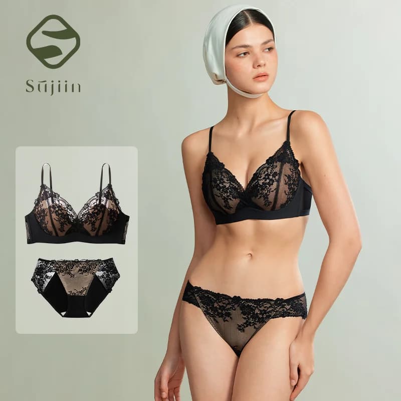SUJIIN Set di Lingerie Sexy da Donna, Reggiseni Estivi Push-Up Senza Ferretto in Pizzo, Bralette Sottili Anti-Cedimento per Seni Piccoli