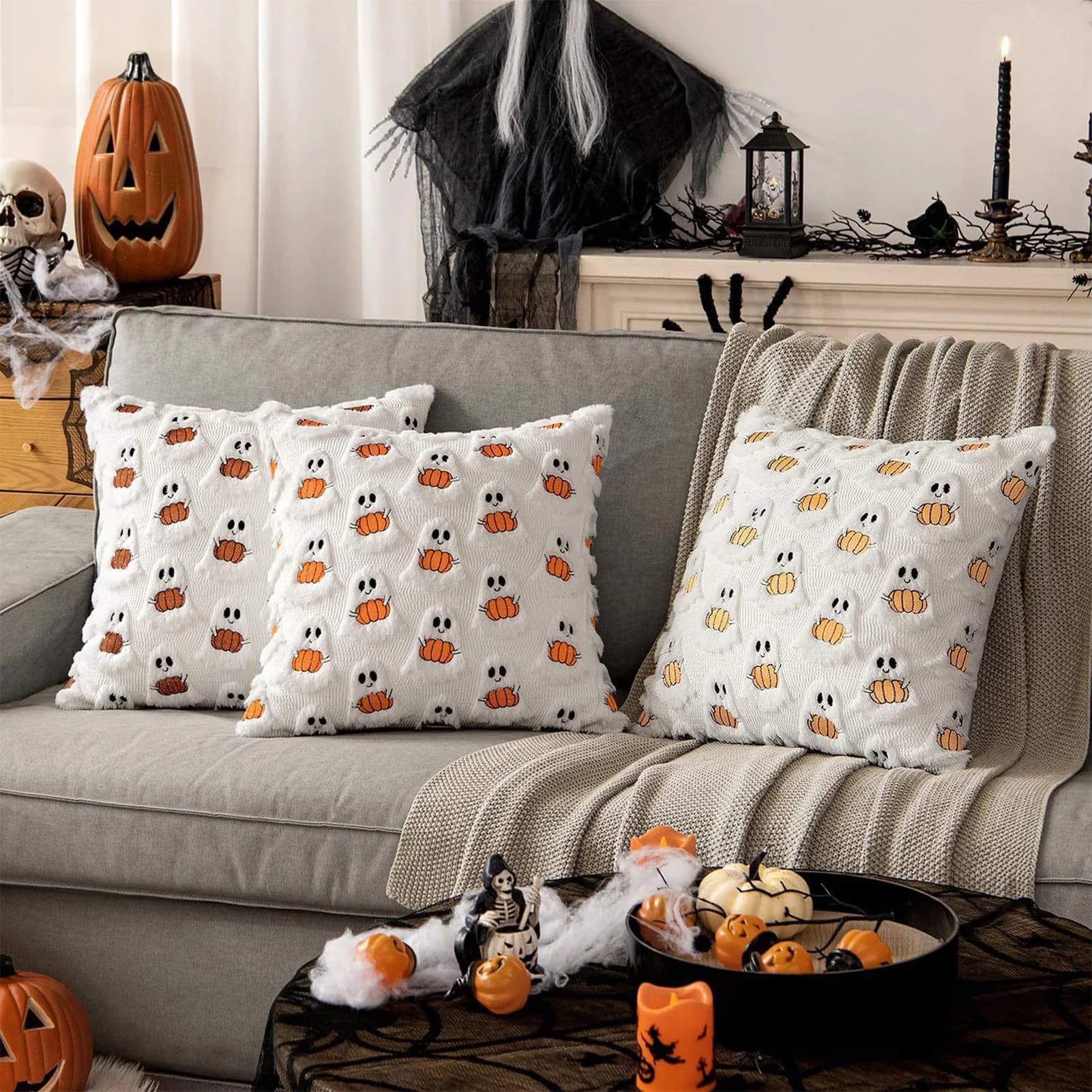 1pc Pillow Cover Plush Faux Fur for Halloween Decor Pumpkin Ghost Embroidery Cushion Case for Sofa Couch Porch Pillowcase