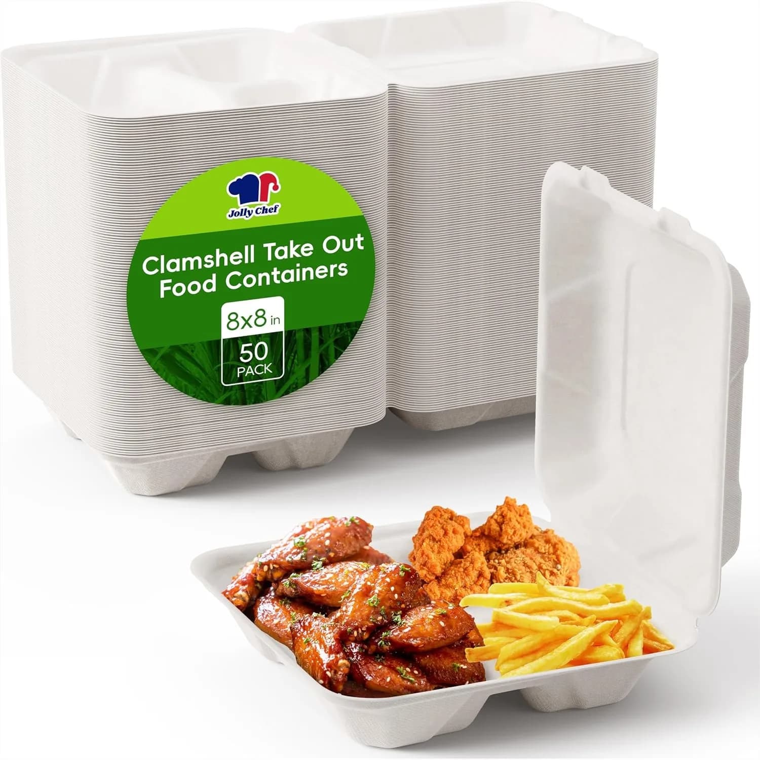 Disposable Clamshell Take Out Food Containers, 8x8 50-Pack 3-Compartment Sugarcane To Go Boxes for Restaurants Meal Prep