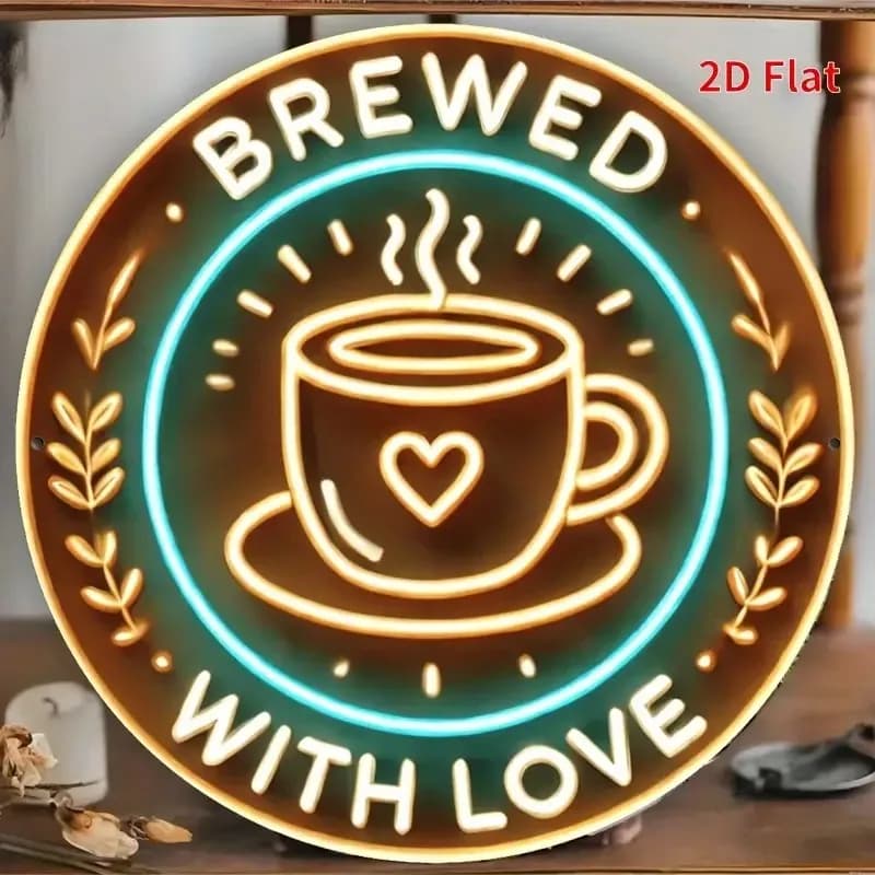 "Brewed with Love" Neon Coffee Sign- Aluminum Metal Wall Decoration, Pre-Drilled, Washable Coffee Bean Sign, Suitable for Office
