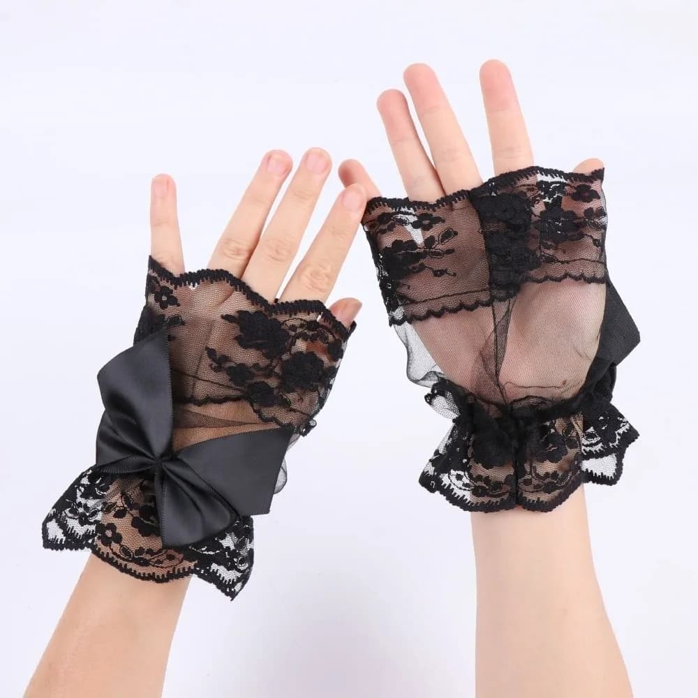 Maniche Finte in Pizzo, Polsini Staccabili in Rete, Guanti Corti Senza Dita con Fiocco e Fiore, per Feste, Cosplay, Serate ed Eventi Speciali