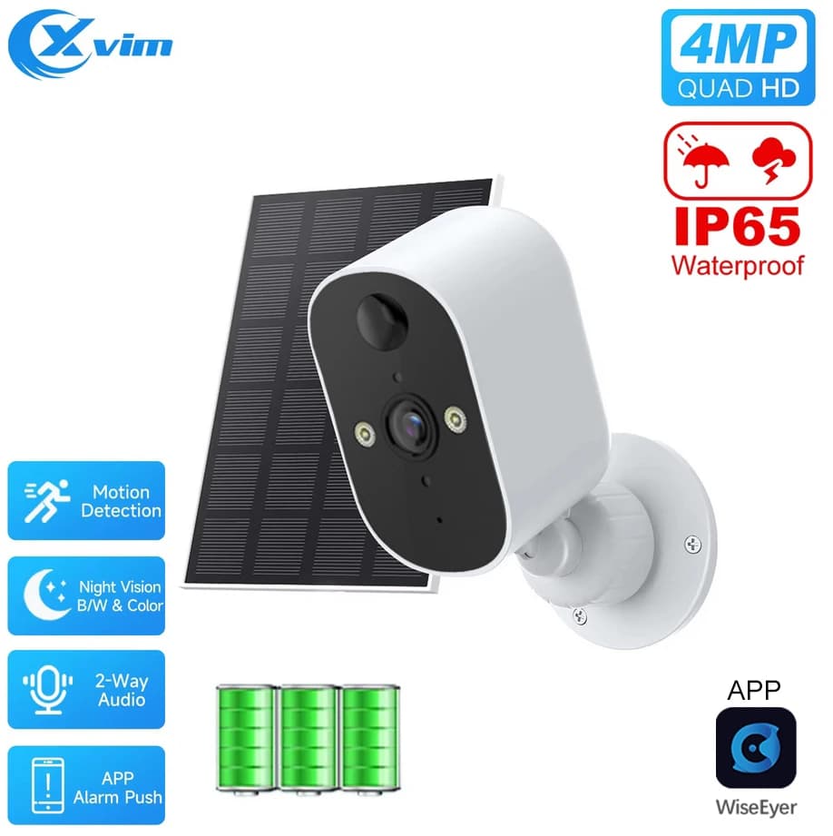 Solar Security Camera XVIM 1080P Wireless WiFi 2K, Solar Battery Powered Camera HD for Domestic Surveillance