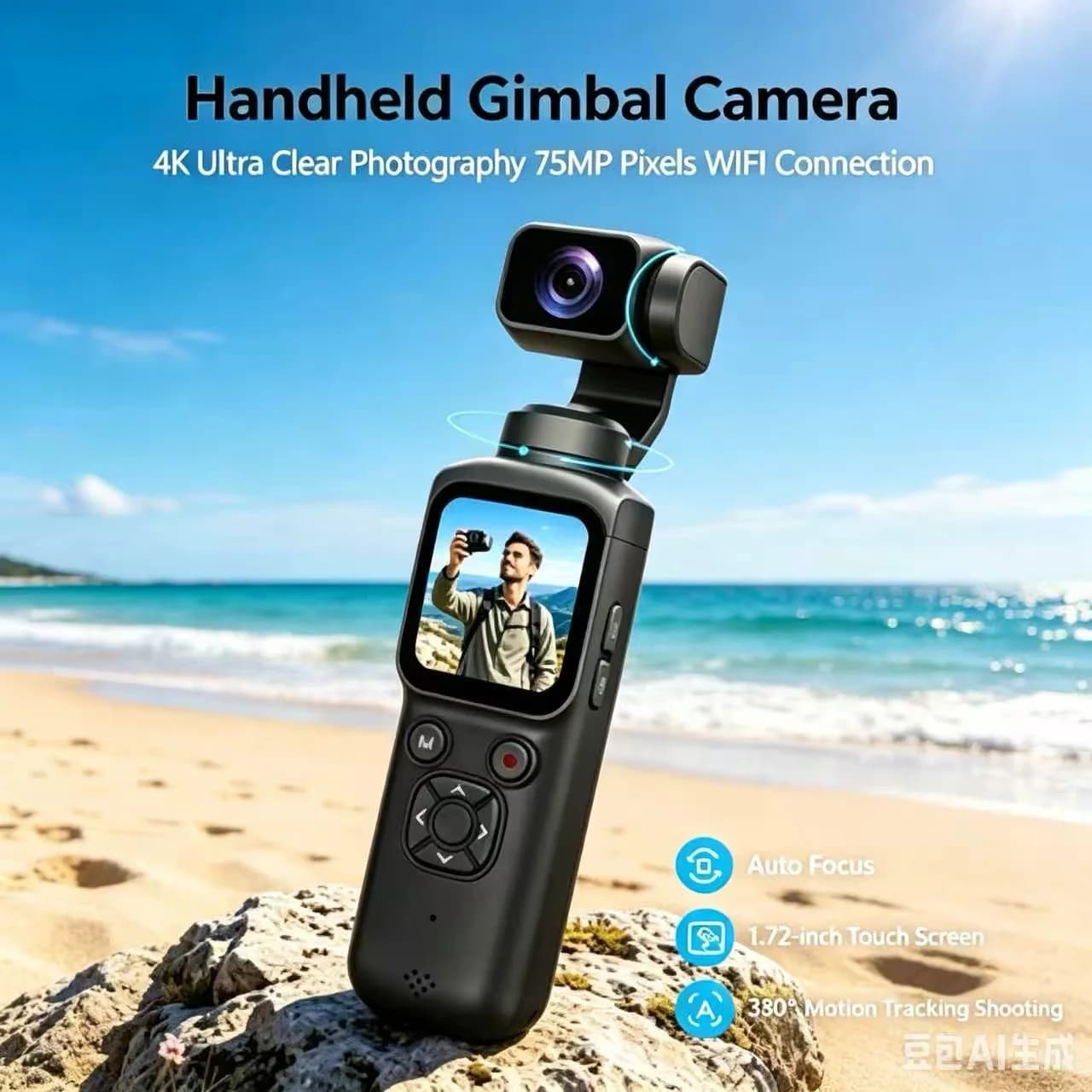 Fotocamera Tascabile con Gimbal 4K 30FPS, 75MP Ultra HD Pixel 330 ° Videocamera Sportiva Portatile con Tracciamento Automatico AI per Vlog e Streaming Live