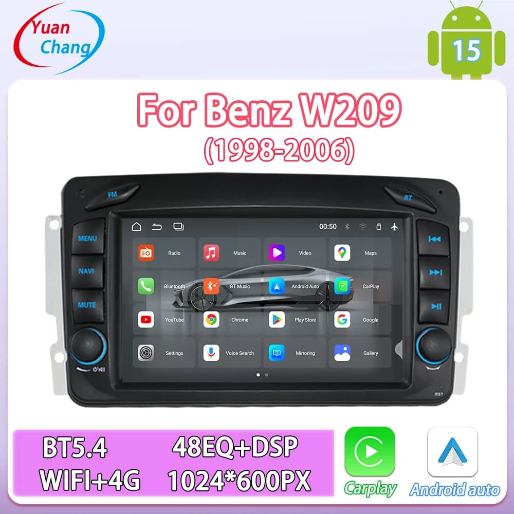 For Mercedes Benz W209 7'' Car Multimedia Player Android15 Wireless CarPlay Android Auto BT GPS WIFI 4G Car Radio DSP MUSIC