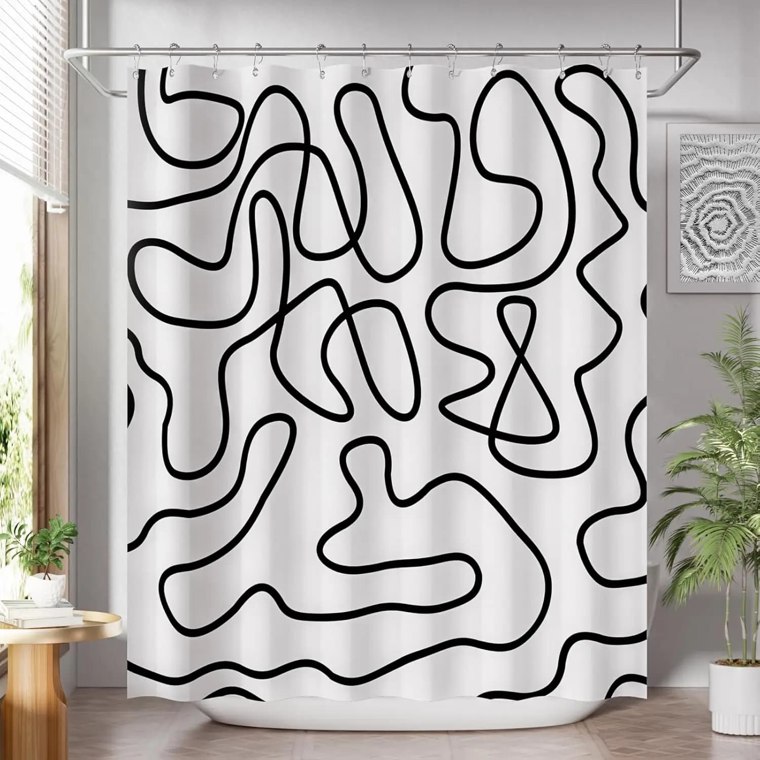 Modern Abstract Line Art Shower Curtain Black and White Boho Geometric Waterproof Shower Liner Chic Bathroom Decoration Curtain