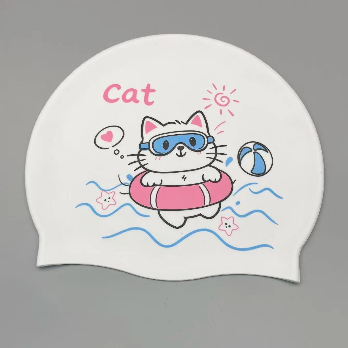 Cute Kitten Silicone Swim Cap for Women, Adult Cartoon Summer Outdoor Waterproof Ear-Protecting Swim Cap