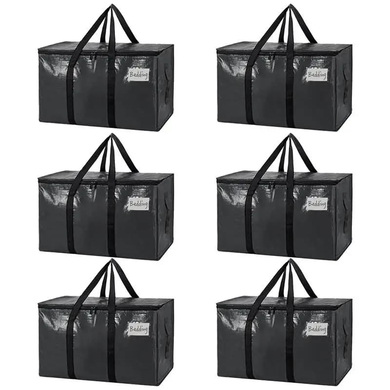6Pcs Extra Large Heavy Duty Storage Bags Black Moving Tote Bags with U-Shaped Handles Visible Labels Durable Travel Organizer Closet Home Organization Luggage Bag Foldable Space Saver College Dorm Essentials