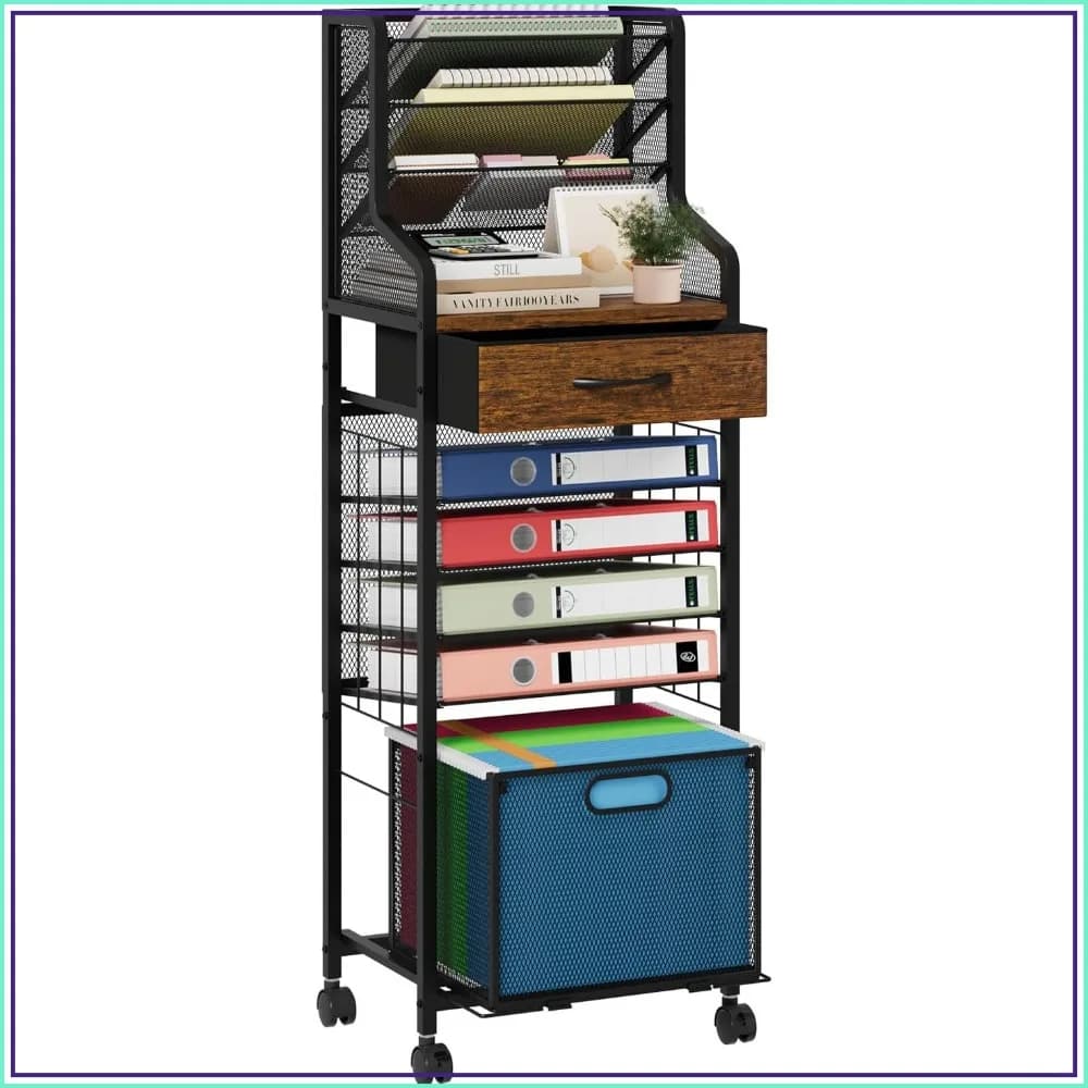 10-Tier Rolling File Cart - Mesh Paper Organizer with Drawer & Hanging File Folders on Lockable Wheels, Rolling File Cabinet for Office, Home, Studio, School, Espresso