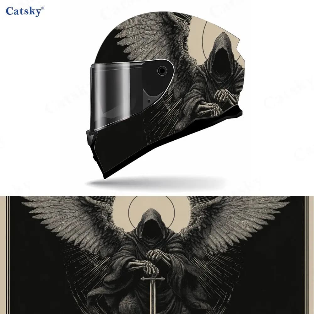 Decalcomania classica per casco da motociclista Reaper alato nero, adesivo avvolgente in vinile per casco autoadesivo impermeabile, fantastica pellicola per graffiti fai da te