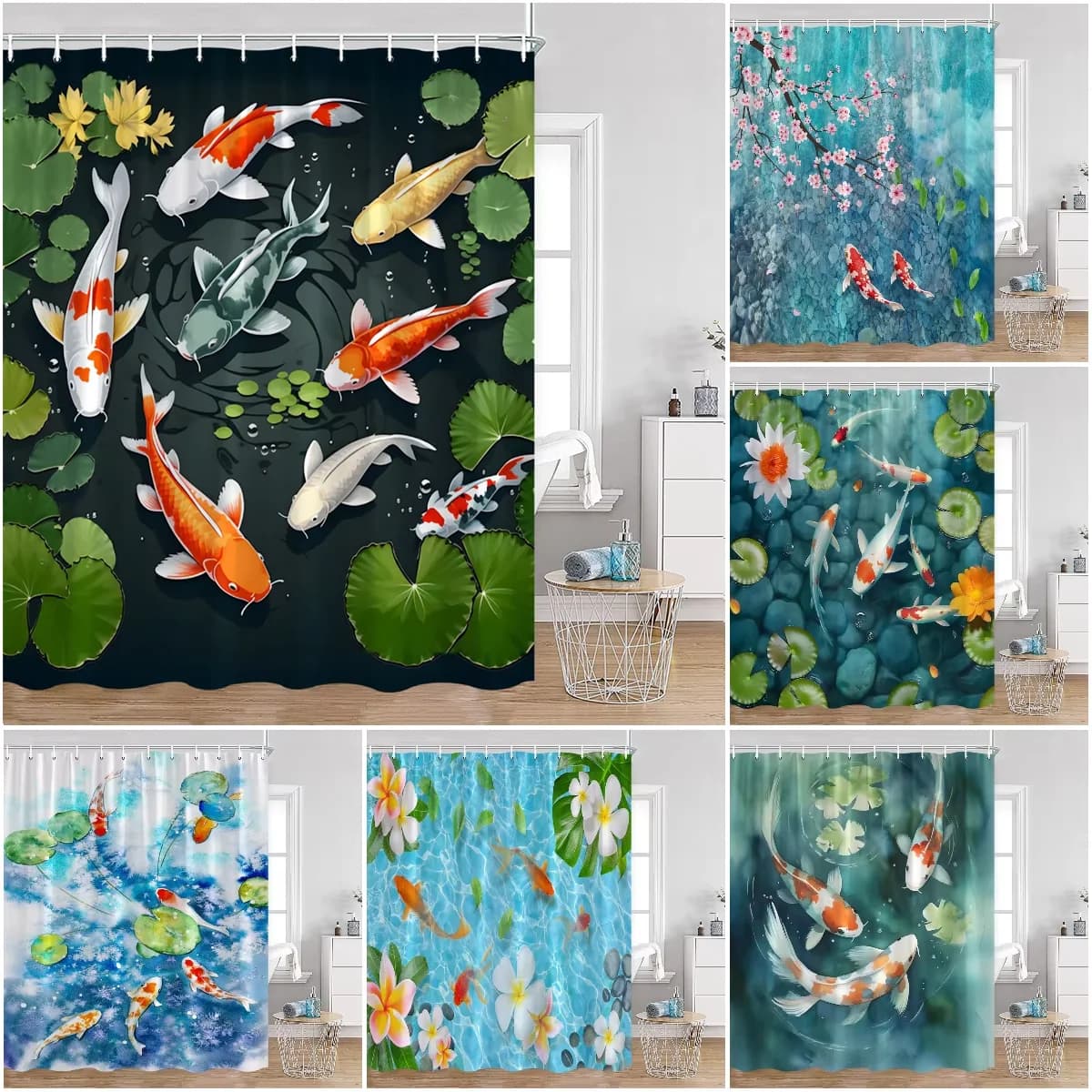 Tende da doccia con fiori rosa e carpe koi, decorazione floreale per il bagno con fiori di ciliegio e laghetto, tenda per vasca da bagno in tessuto di poliestere