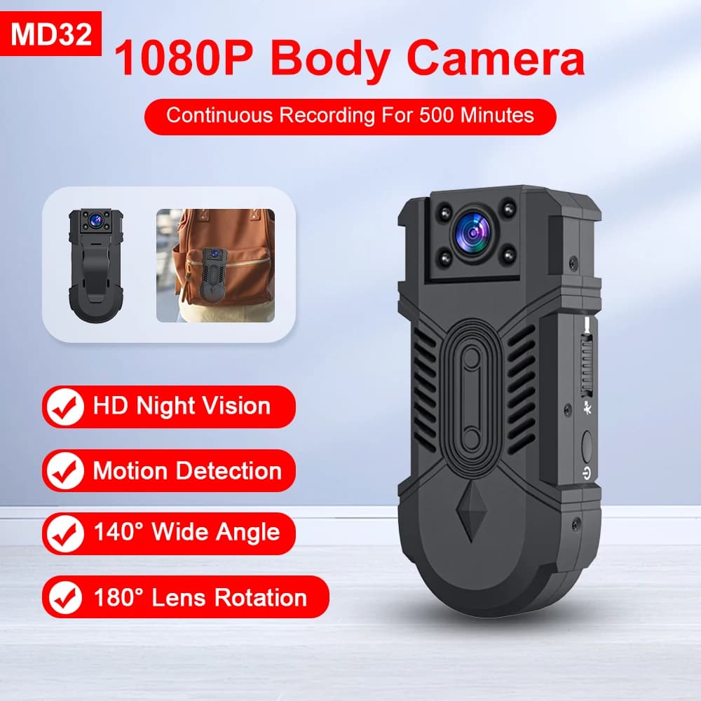 MD32 Wearable Body Camera 1080P HD Back Clip Mini Cam 180°Rotatable Night Vision Motion Detection 140°Wide Angle Video Recorder
