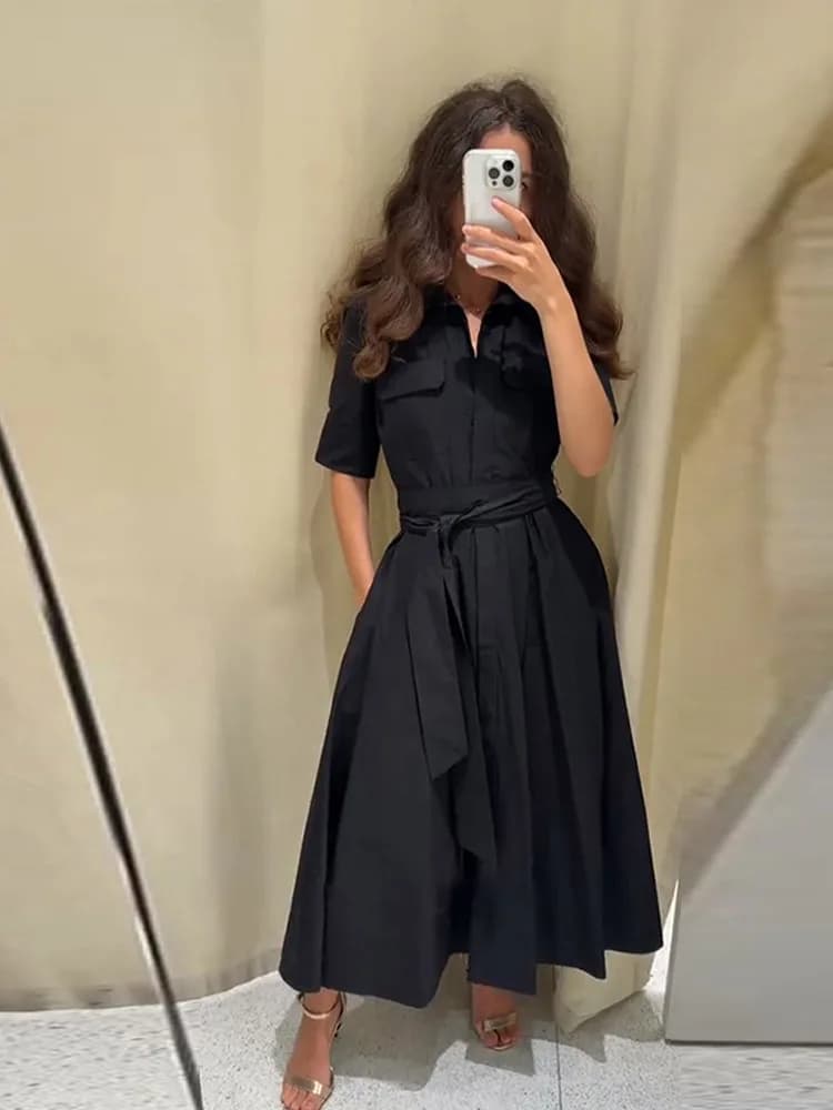 Elegante Abito Lungo Nero da Donna con Cintura, Maniche Lunghe, Collo a Risvolto, Vita Stretta, Vestito a Trapezio, Nuova Collezione Primavera 2026