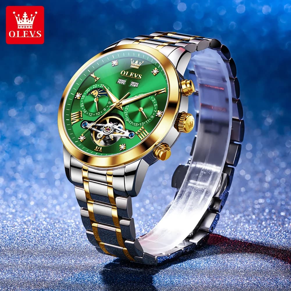 Luxury OLEVS 7029 Mens Watch Flywheel Automatic Mechanical Watch Stainless Steel Moon Phase Date Watches For Man Reloj