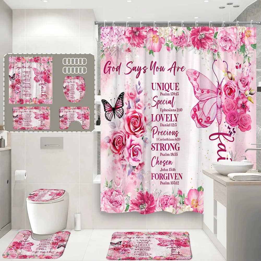 Set di tende da doccia con farfalle floreali, acquerello, rosa, fiori, piante, citazioni ispiratrici, decorazioni per il bagno, tappetino da bagno, copriwater