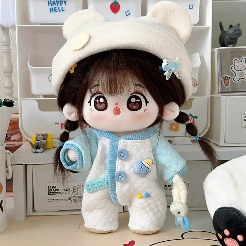 Vestiti per bambole di peluche da 20 cm, in morbido cotone, con cappello a orecchie d'orso, tutina calda per bambole di peluche maschili e femminili.