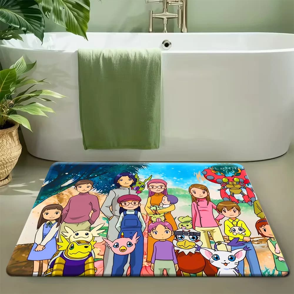 Tappetino da bagno con personaggi e gruppo familiare di Digimon Tamers, tappeto da bagno in morbida flanella antiscivolo e assorbente, Anime Digimon Tamers Char