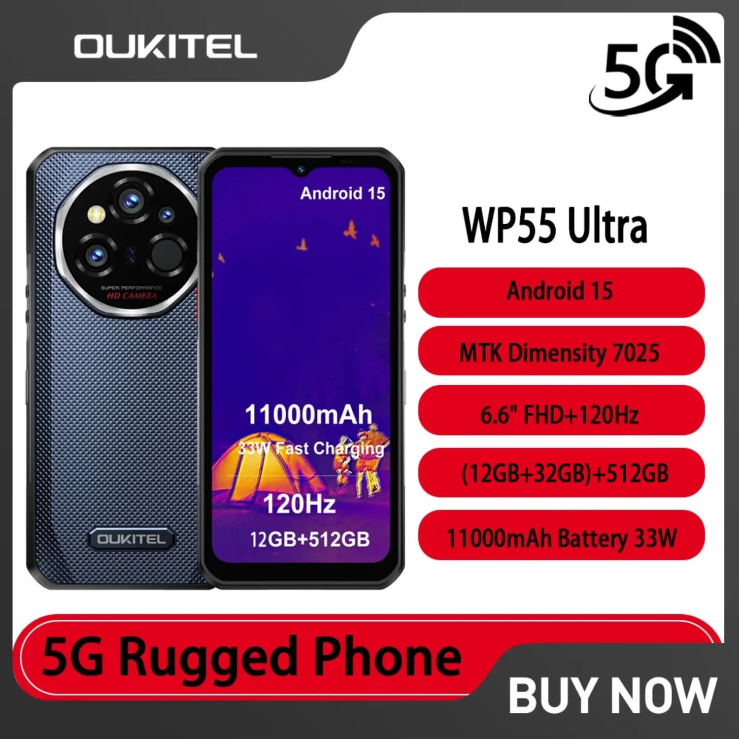 OUKITEL WP55 Ultra 5G Smartphone robusto Android 15 Imaging termico Dimensity7025 44GB + 512GB 11000mAh 108MP 6.6" NFC Telefono cellulare