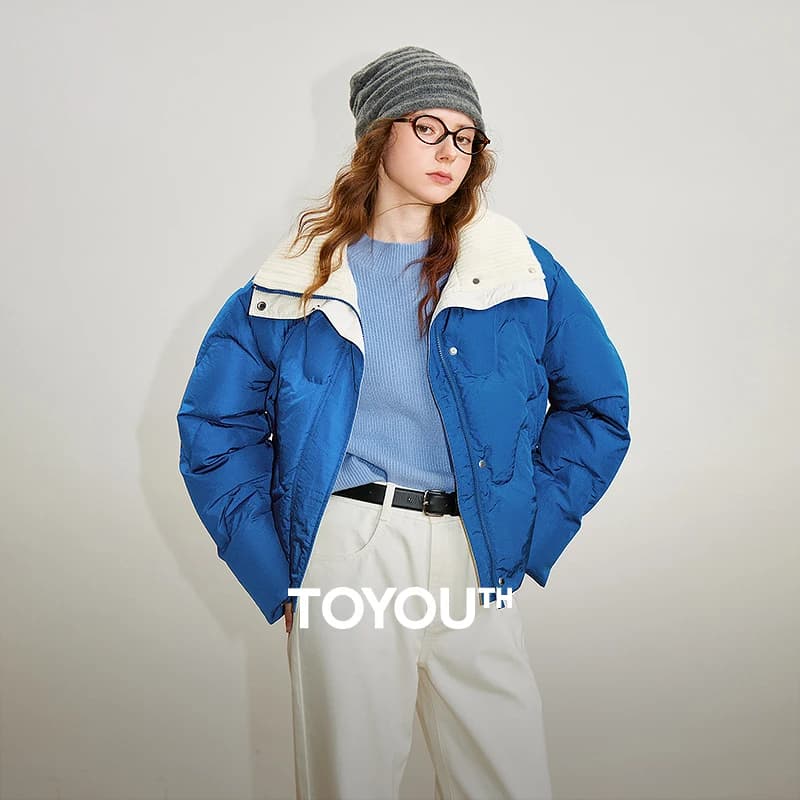 TOYOUTH Piumino da donna 2025 Inverno Nuovo 90% Piumino d'anatra bianco Colletto lavorato a maglia Cappotto leggero spesso caldo per pane Blu