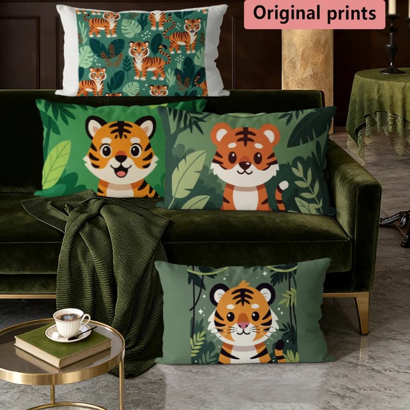 Fodere per cuscini con stampa simpatica tigre della giungla, adatte per divano, camera da letto, auto, cuscino rettangolare per la schiena