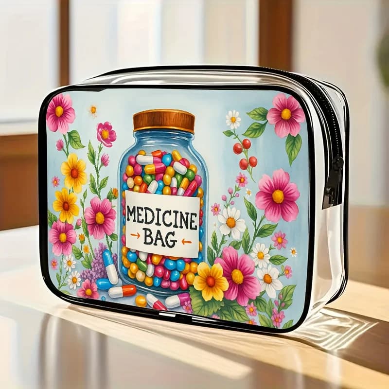 1pc Clear Medicine Bag Floral Pill Organizer Transparent PVC Travel Makeup Pouch Waterproof First Aid Kit Cosmetic Case Women