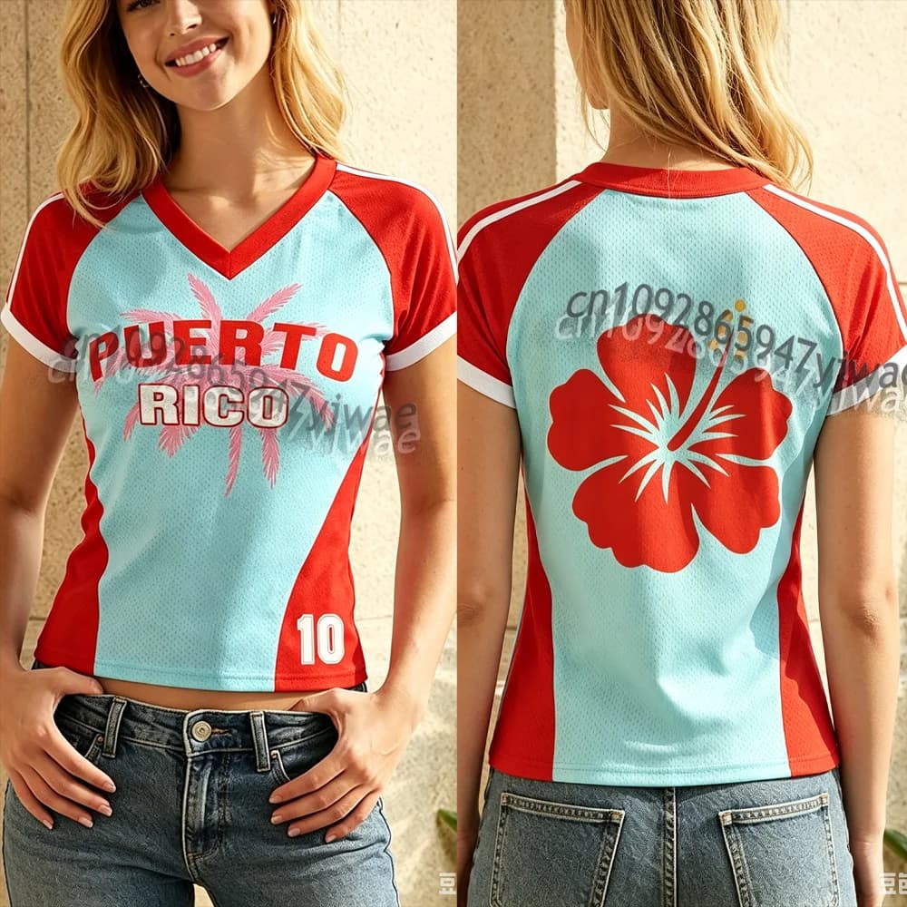 Puerto Rico Beach Vacation Tee V-Neck Fashionable Streetwear Top Breathable Quick Drying Soccer Shirt Summer Women'S T-Shirt