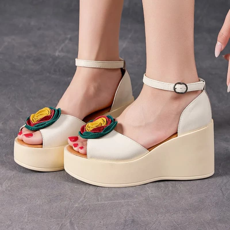 2026 New 8cm Retro Flowers Peep Toe Platform Sandals Breathable Genuine Leather Versatile Summer Women's Shoes