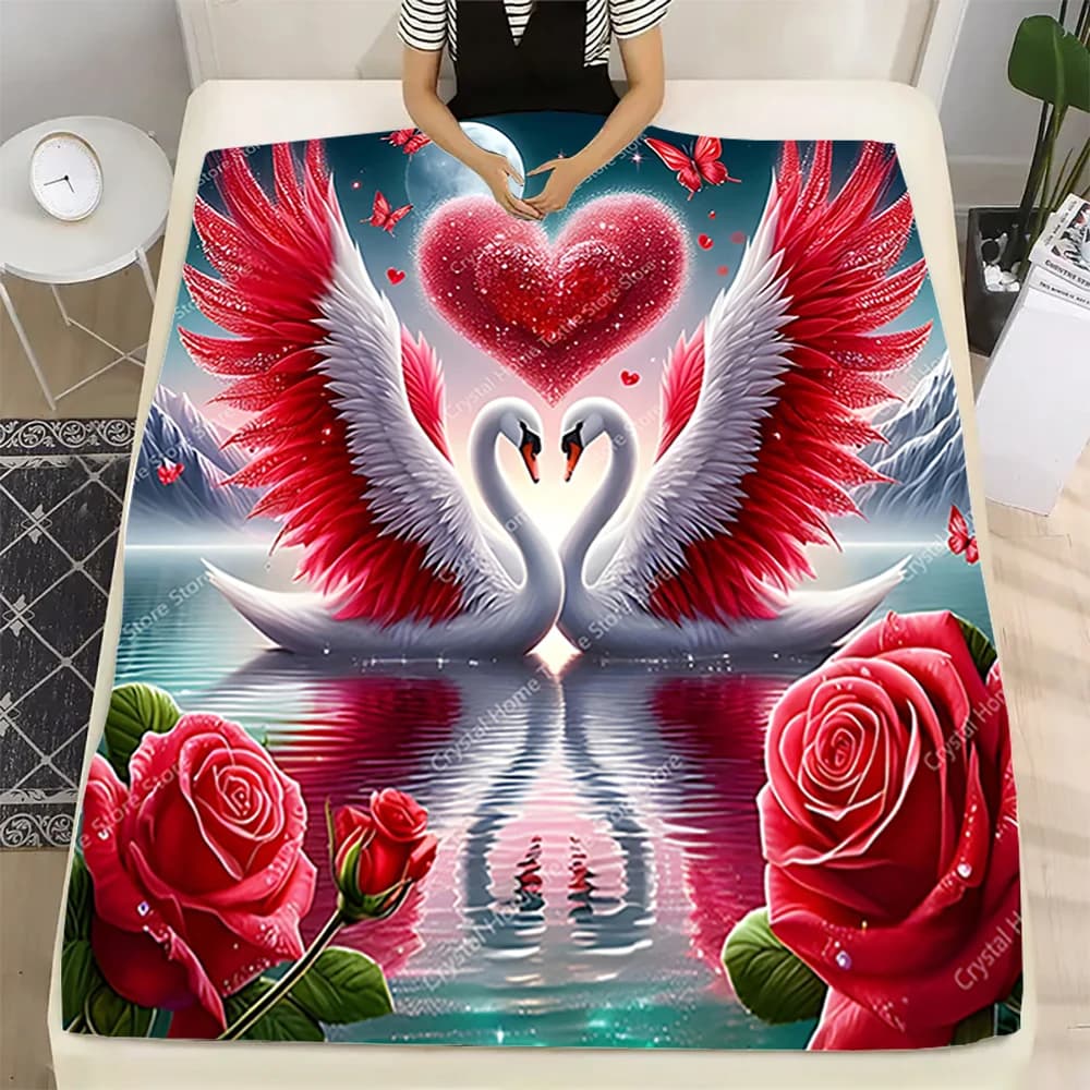 2026 Regalo di cigno a forma di cuore Coperta di flanella di peluche morbida, Coperta di flanella per soggiorno Camera da letto Letto Copridivano Regalo per bambini