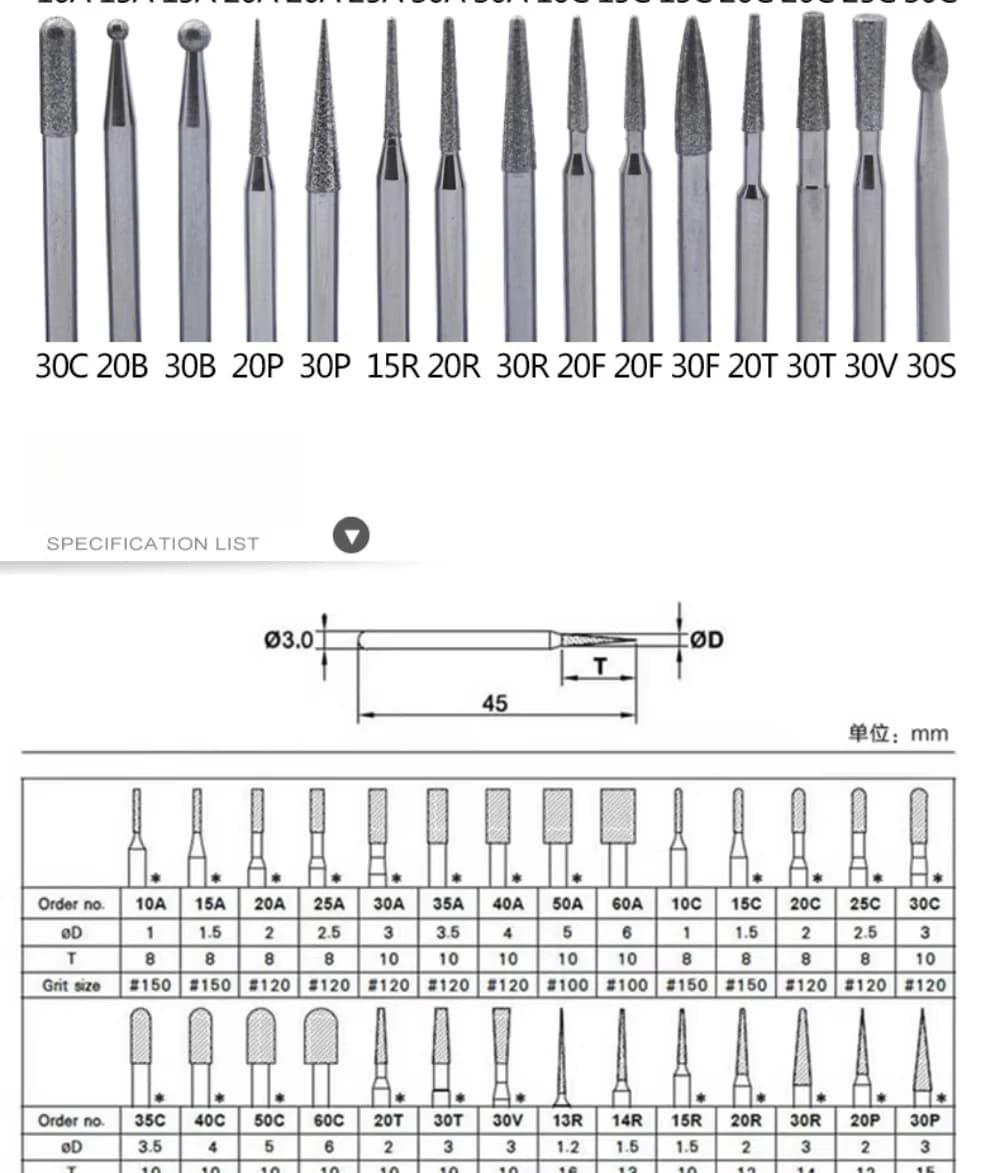 Ago per incisione e levigatura in metallo e giada / Asta per lucidatura / Set di punte diamantate da 3mm in lega per levigatura
