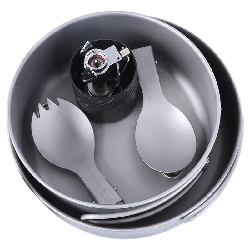 Boundless Voyage kitchen set, gas stove with titanium spoon, outdoor camping dishes, Titanium folding handle Ti2033C