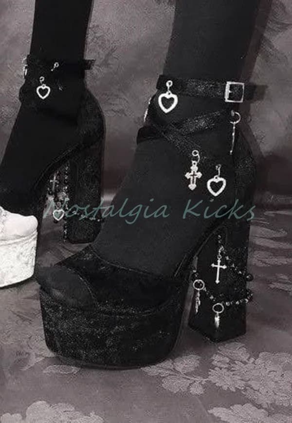 High Heel Sandals with Gothic Black Velvet Platform Décolleté with Open Tip with Robust Cross Clasp Women's Fashion Dark punk Shoes