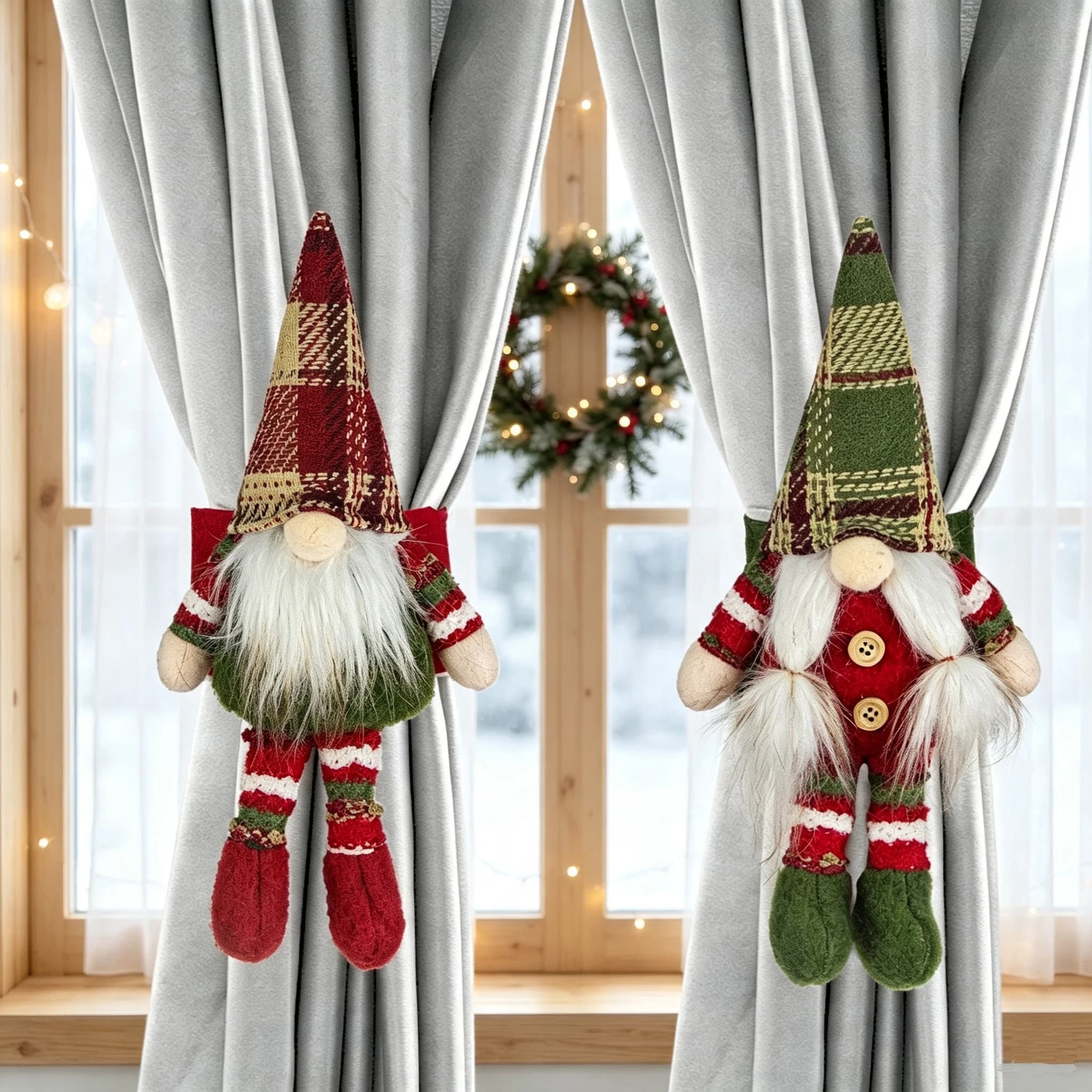 Cute Christmas Swedish Gnome Curtain Tieback Holder Curtain Buckle with Red Green Plaid Hat, Holiday Window Decor Ornament Gift