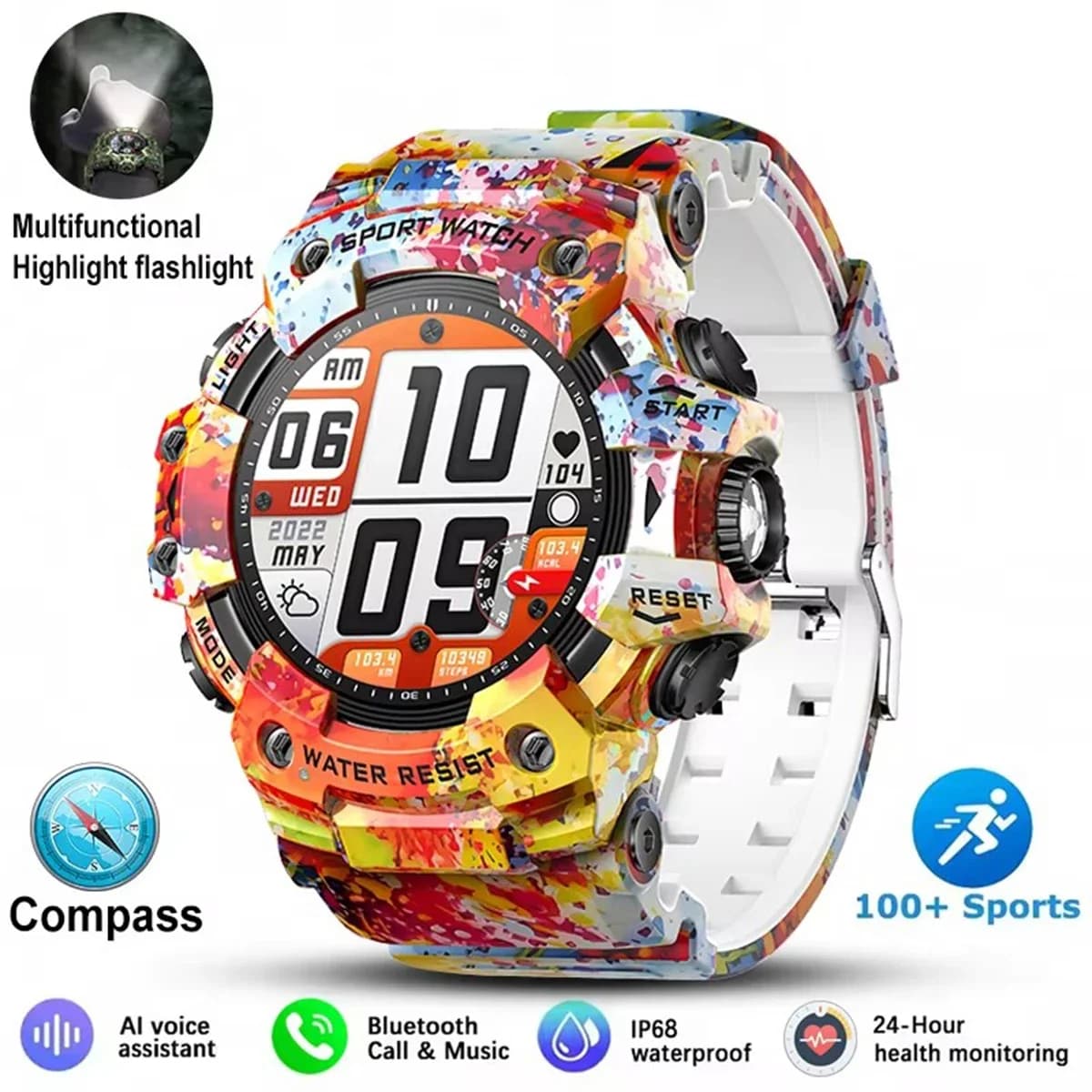 Men's Outdoor Sports Smart Watch Waterproof Bluetooth Call Compass Sleep Health Monitor Message Push Flashlight