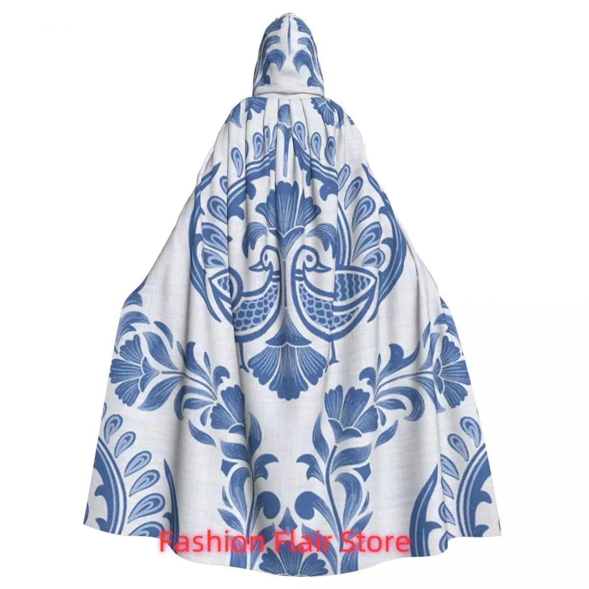 Dancing Peacock Motifs In Blue Long Hooded Cloak Witch Medieval Costume Cosplay Cape HalloweenParty Adult Unisex