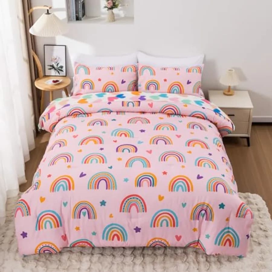 Set copripiumino da 5 pezzi per bambini e bambine, con disegno di sole e stelle, set biancheria da letto con copripiumino, lenzuola e federe.