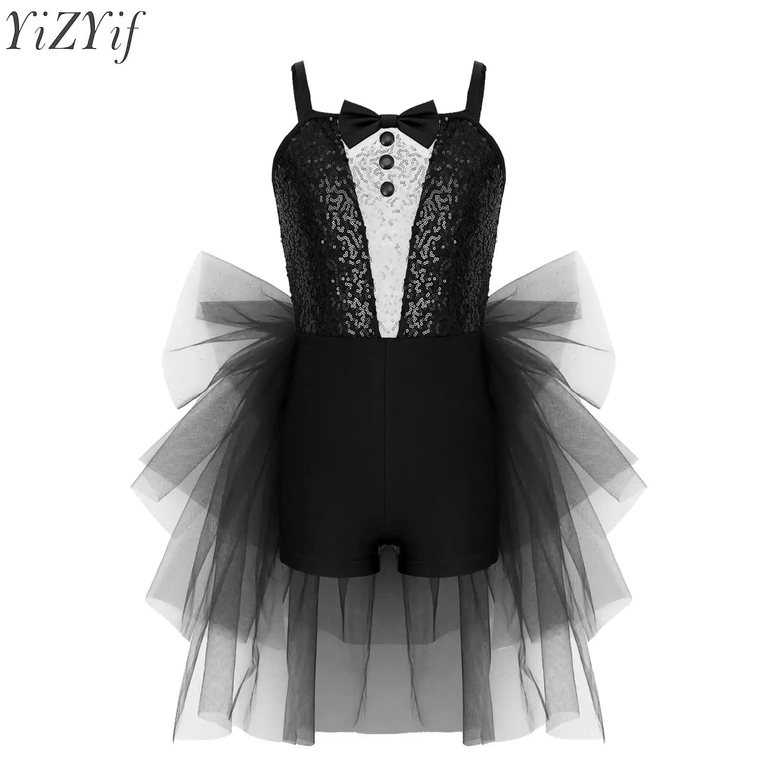 Kids Girls Sequins Latin Jazz Dance Skirted Leotard Adjustable Straps Bowknot Bodysuit for Figure Ice Skating Stage Performance