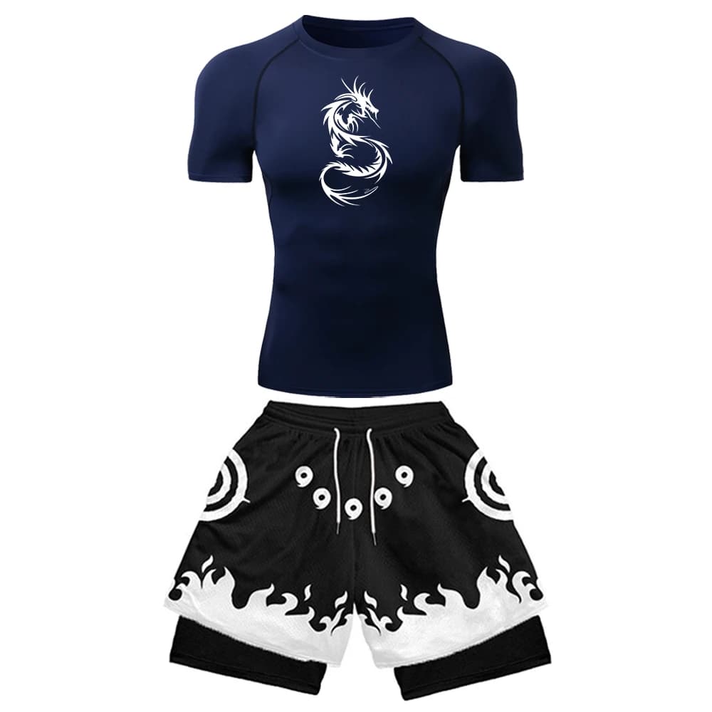 Set da palestra anime da uomo 2 pezzi: maglia a compressione Dragon e pantaloncini 2-in-1 stampati in 3D, tuta da allenamento fitness sportiva con fodera interna