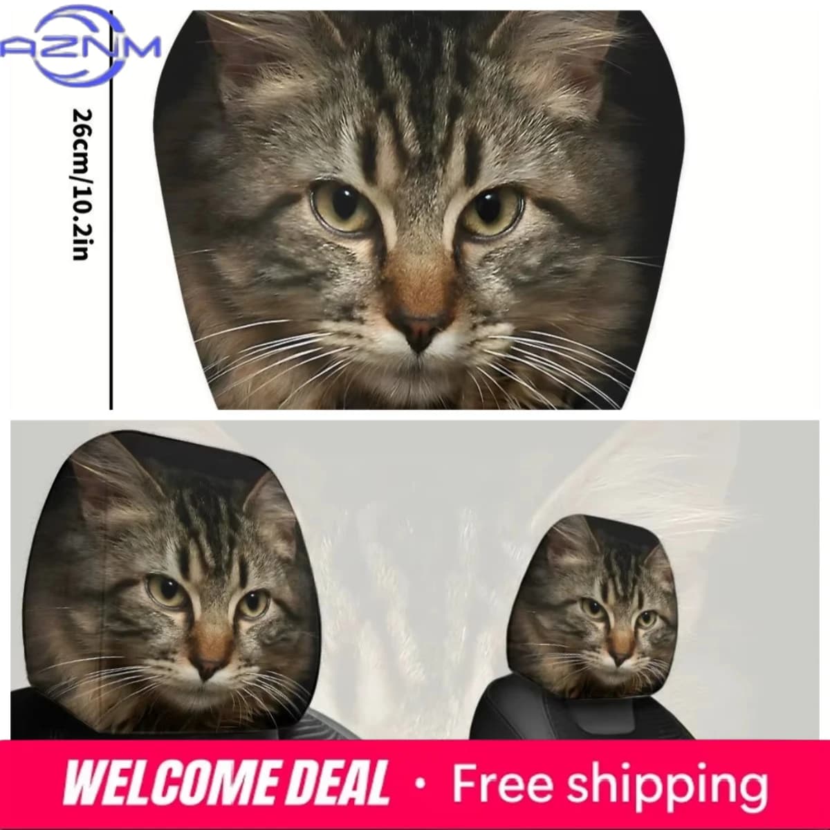 Set di due copri poggiatesta per auto traspiranti con motivo gatto tabby marrone, accessori universali per interni auto per tutte le stagioni, regalo perfetto per le vacanze
