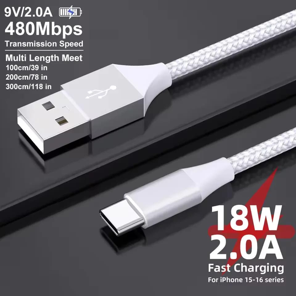 Cavo di Ricarica USB Type C da 18W e Trasferimento Dati per iPhone 16 15 Redmi Poco Oneplus Samsung S21 S20 S10 Huawei P40 Xiaomi Mi 9 1m 2m 3m