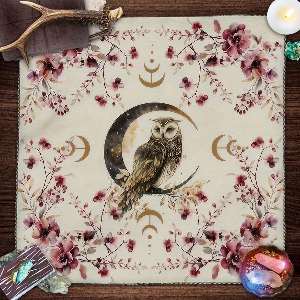 Tovaglia per carte dei tarocchi con gufo lunare con stoffa floreale per altare Wicca Stregoneria Astrologia Carte oracolo Pad Decorazioni per la casa Strumenti per divinazione