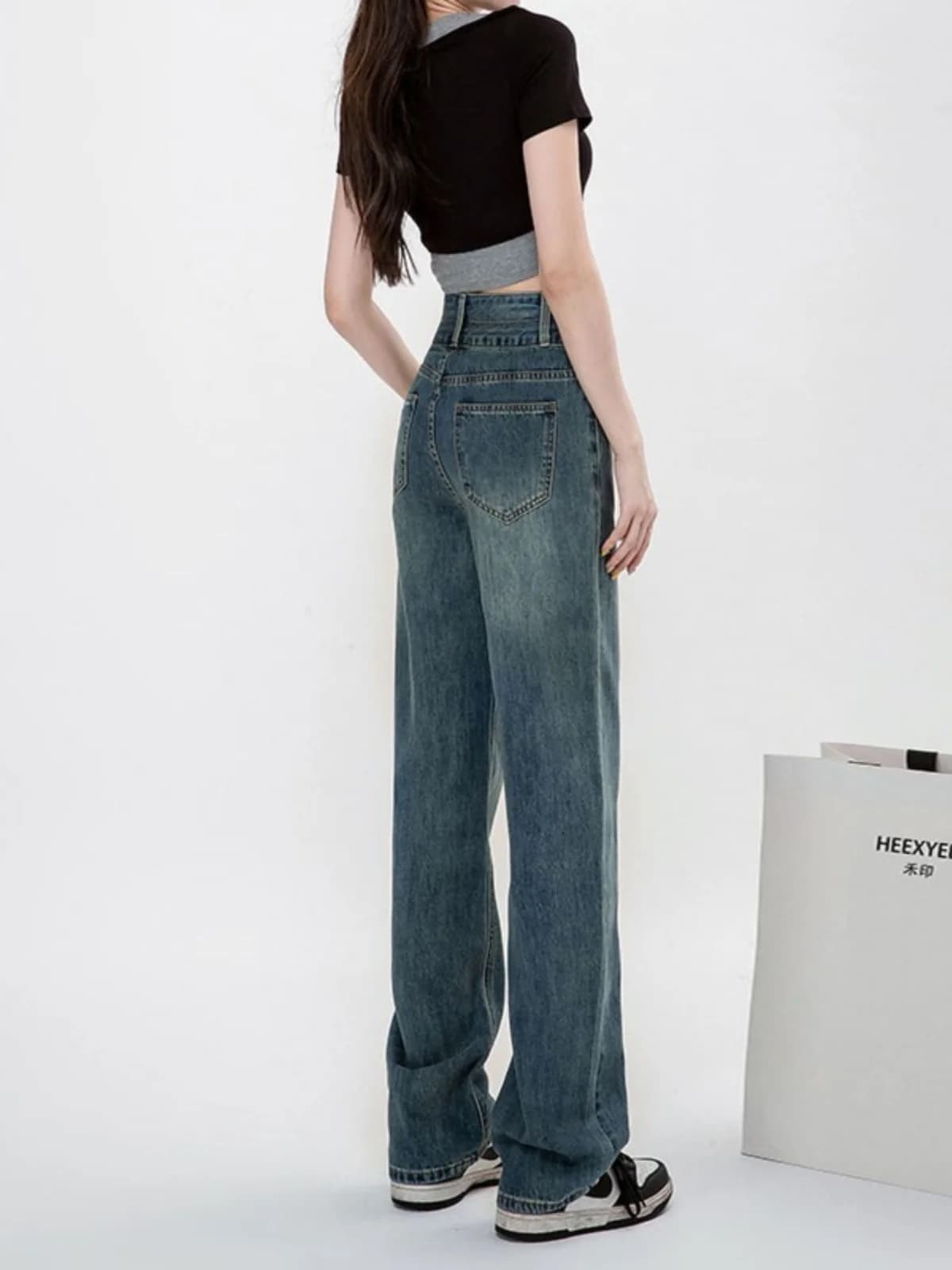 Jeans a vita alta a gamba larga e taglio dritto da donna, taglie forti, modellanti, drappeggiati, lunghi fino al pavimento, moda autunno inverno