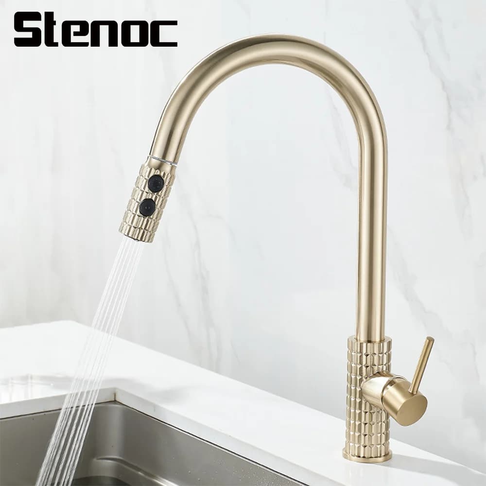 Spazzola da cucina Rubinetto in ottone con motivo dorato estraibile Girevole da 360 gradi Miscelatore caldo e freddo Testa spruzzatore a flusso Maniglia singola