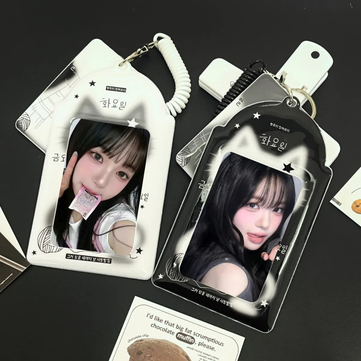 Cute Black And White Kitty Card Holder Kpop Cute Cat'S Ears Pumaterial Apply To 3-3.5in Stars Album Merchandise Photocard Show