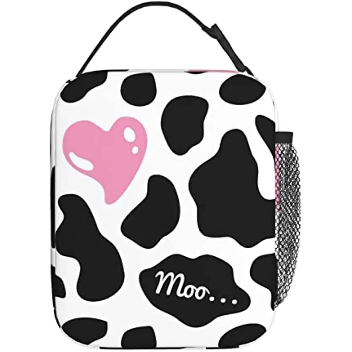 Borsa per il pranzo portatile con stampa mucca bianca nera Cuore rosa Simpatico amore Borsa per il pranzo isolata Borsa termica riutilizzabile per donne Uomini Adulti Bambini