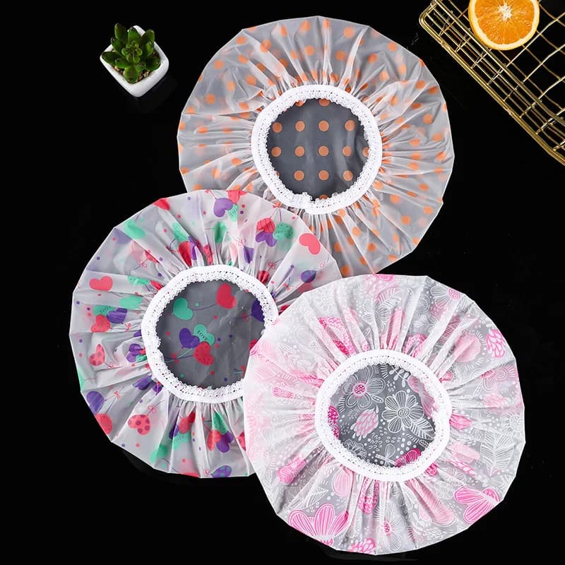 Cute Printed Waterproof Thick Reusable Shower Cap, Elastic Band Adjustable Bath Hat for Women Salon Home Use