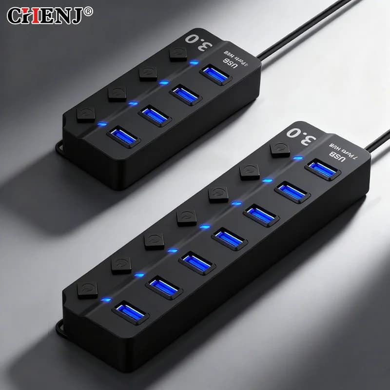 Hub USB 3.0 4-in-1/7-in-1, Splitter USB, Adattatore USB Multi-Porta con Interruttore di Alimentazione Indipendente, Cavo Estensore da 30CM