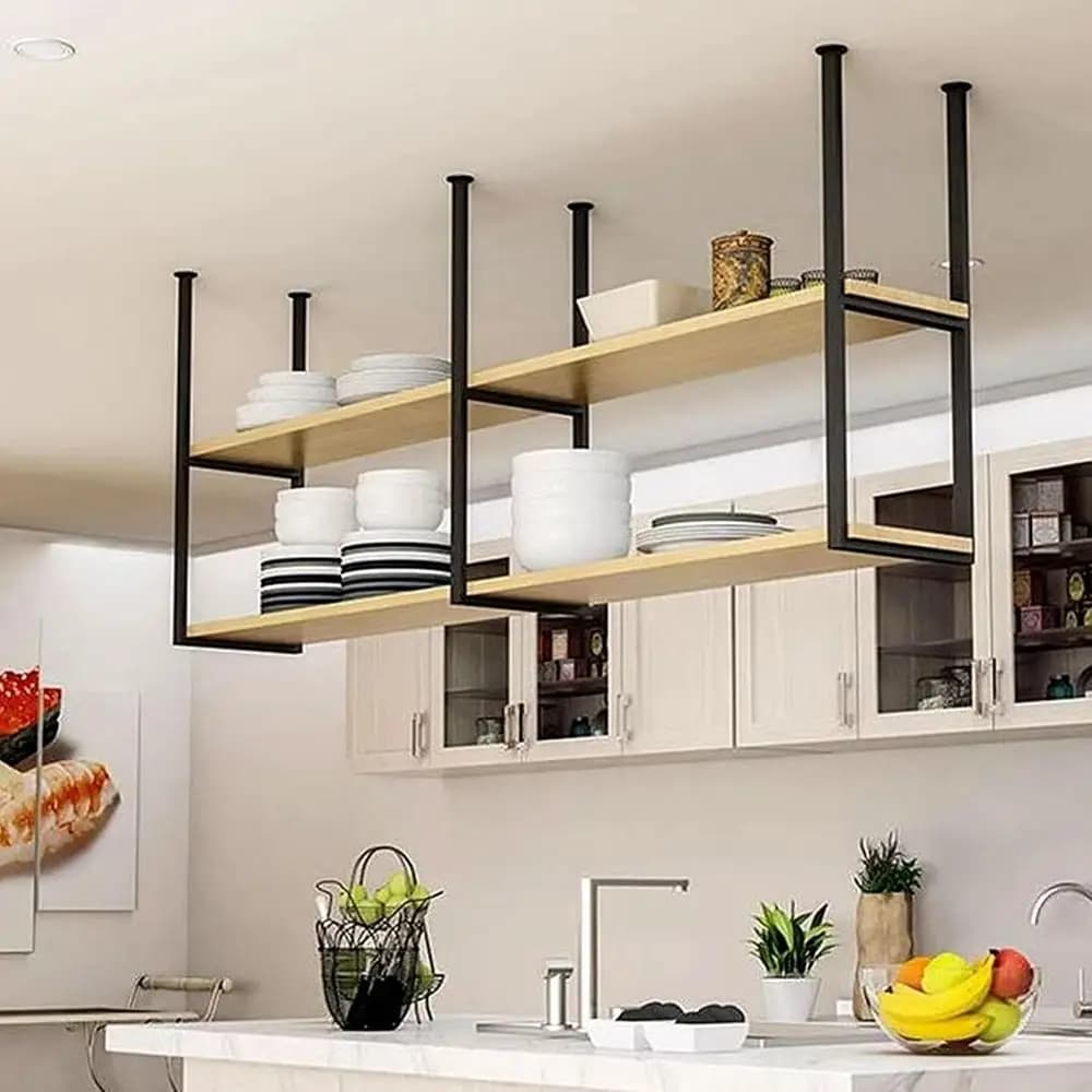 Scaffalatura in Legno da Soffitto per Pentole, Padelle, Stoccaggio in Cucina, Portabottiglie e Supporto per Piante (150x30x80cm)