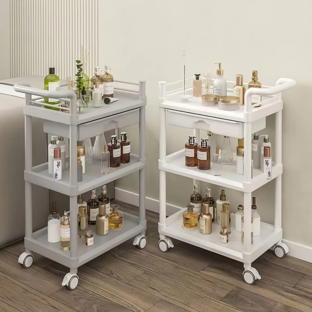 Carrello Medico a 3 Ripiani con Cassetto e Scaffali Girevole a 360° ° Organizzatore mobile multifunzionale per cliniche, ospedali, laboratori e uffici