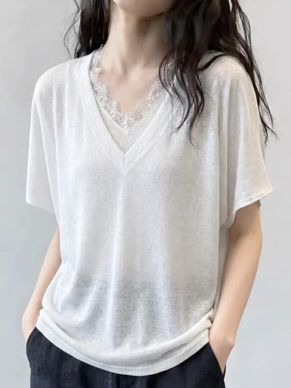 Lace Trim V-Neck Short Sleeve T-Shirt Women's plus Size Summer New Style Korean Version Casual Comfortable Breathable Top